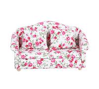 Tnfeeon Dollhouse Double Sofa Flower Pattern Mini Furniture Wood Cloth Construction for 1 12 Scale Dollhouse with Two Back Cushions Living Room Decor (small flower clusters)