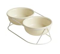 Tnfeeon Elevated Cat Bowl with Stand Ceramic Dual Dishes Tilted Design for Neck Support Cat Dog Food and Water Bowls Raised Feeder (Beige Double Bowl)