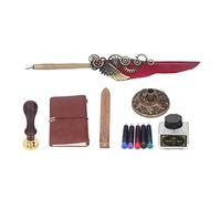 Tnfeeon Quill Pen Ink Set, Dip Calligraphy Pen Set with Metal Nibs Wax Stamp and 76 Sheet Notebook, PU Brass Wood Writing Kit for Letters Invitations Journaling (Wine Red)