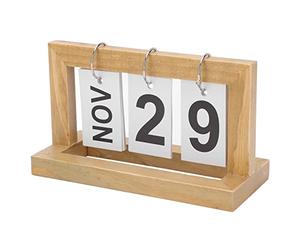 Tnfeeon Wooden Perpetual Calendar Oak Flip Chart Desk Organizer Adjustable Date Blocks for Home Office Use Compact Size 8 X 3.5 X 4.7 Inches Stylish Workspace Decor with Metal Plastic