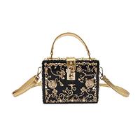 Tngan Women Evening Clutch Acrylic Square Box With Rhinestones Shoulder Crossbody Handbag, Black, M