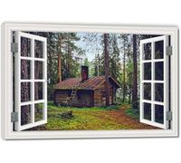 TNGHHSGA A Wooden House Covered In MossImmersive Fake Window Canvas Print, Virtual Scenic Wall Art for Living Room Decor 30x45cm Framed