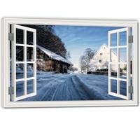 TNGHHSGA Snowy Roads In The VillageSpace-Saving Fake Window View Canvas, Lifelike Scenic Wall Art for Bedroom Home 40x60cm Framed