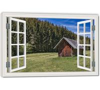 TNGHHSGA The Cabin Next To The ForestImmersive Fake Window Canvas Print, Virtual Scenic Wall Art for Living Room Decor 60x90cm Framed