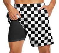 TNHU Checkered Men Swim Trunks with Compression Liner Checkerboard Board Shorts Swimwear Soft Swimsuit for Men 7 Inch Inseam
