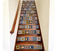 TNKBREEZE 15 Strips Boho Floral Stairs Stickers Mexican Talavera Peel and Stick Stair Riser Decals Removable Self-Adhesive PVC Art Sticker Decor for Steps Staircase Murals Decals 39.37×7.09inch