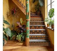 TNKBREEZE 15 Strips Boho Stair Stickers Ethnic Morocco Plastic Staircase Stickers 39.37×7.09inch Peel and Stick Tile Stair Riser Decals for Home Bathroom Steps Floor Murals Cupboard Decoration
