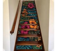 TNKBREEZE 15 Strips Vintage Floral Stair Stickers Tropical Flower Peel and Stick Vinyl Stair Riser Decals Removable PVC Art Backsplash Tile Decals for Steps Staircase Murals Decals 39.37" W × 7.09" H