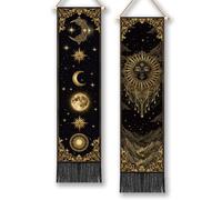 TNKBREEZE 2Pcs Celestial Sun Vertical Tapestry 130x33cm Gold Moon Sun Long Vertical Wall Hanging Tapestry with Tassels Home Decor for Bedroom Living Sitting Dorm Studio Apartment Decor