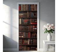 TNKBREEZE 2Pcs Vintage Bookshelf Door Sticker Decals Books Removable PVC Door Decals Brown Wood Self-Adhesive Doors Wallpaper for Bedroom Library Cafes Doors 200x80cm
