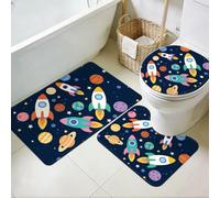 TNKBREEZE 3Pcs Bathroom Rugs Set Washable Spaceship Rocket Bathroom Carpets with Toilet Mats Planets Soft Non Slip Bath Mat for Laundry Hotels Kitchen Tub Home Decor Colorful