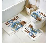 TNKBREEZE 3Pcs Blue Hydrangea Bath Mat Set Home Sweet Flower Bathroom Rugs Farmhouse Non Slip Bathroom Decor Washable Toilet Lid Cover for Entryway Bedroom Laundry Hotels Kitchen Tub Home Decor
