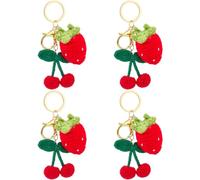 TNKBREEZE 4 Pcs Crochet Strawberry Keychain Set Handmade Acrylic Yarn Kawaii Bag Charm 4.72 Inch/12cm Plush Pendant with Lobster Clasp for Purse Backpack Key Ring