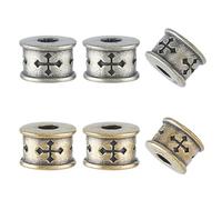 TNKBREEZE 6Pcs 2 Colors Paracord Bead Column Beads with Cross Antique Silver Gold European Beads 4mm Hole Bead Spacer Beads Brass Connector Charm Pendant for Jewelry EDC String Parachute String Tool