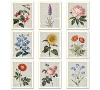 TNKBREEZE 9 Pcs Flower Wall Art Vintage Newspaper Unframed Canvas Paints Poster Decor Artwork Aesthetic Printings for Living Room Kitchen Bedroom Bathroom Florist 8x10In
