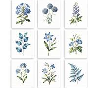 TNKBREEZE 9 Pcs Vintage Floral Wall Art Blue Flowers Unframed Canvas Prints Poster Decor Artwork Aesthetic Paintings for Back to School Living Room Kitchen Bedroom Bathroom Florist 8x10In