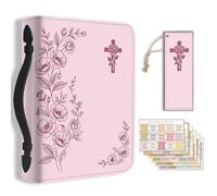 TNKBREEZE Bible Cover Case Leather Storage Bag Christian Gift Zippered Organizer with Bookmarks Tabs Pink Floral Theme Church Book Holder for Women Girls Church Bible Study Supplies
