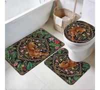 TNKBREEZE Boho Bathroom Rugs Set 3Pcs Non Slip Wool Bath Mat with U Shaped Rug Toilet Lid Cover Plant Tribe Style for Master Bath Guest Bath Entryway Bedroom Laundry, Dark Green