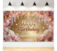 TNKBREEZE Happy Birthday Backdrop Luxury Pink Rose Background Banner 180x110cm Polyester Decorative Photography Backdrop for Indoor Outdoor Birthday Party Fiesta Carnival Decorations