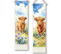 TNKBREEZE Highland Cow Tapestry Wall Decor 2Pcs Set Vertical Wall Art Oxford Cloth Rustic Farmhouse Floral 51x13 Inch/130x33cm Long Narrow Wall Hanging for Bedroom Living Room Studio Decor