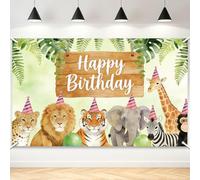TNKBREEZE Jungle Animals Birthday Backdrop Safari Tropical Zoo Photo Background 5.9×3.6ft Wild Animals Happy Birthday Photo Booth Props Banner Supplies Family Party Decoration