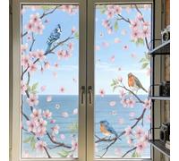 TNKBREEZE March Cherry Blossom Glass Window Decals for Home School Robins Double Sided Window Clings 120 * 30cm/47 * 12in Pink Spring Reusable Glass Sticker for Cafes Balcony Bedroom