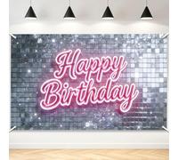 TNKBREEZE Pink Happy Birthday Backdrop Silver Shimmer Wall Backdrop Shining Flash Photo Background for Princess Women 5.9×3.6ft Neon Happy Birthday Photo Booth Props Banner Supplies Party Decoration