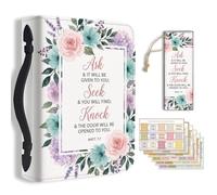 TNKBREEZE Rose Lavender Bible Cover Case for Work Study Bible Holder Case with Bookmark Leather Soft Book Protector Cover for Office School Accessories Purple Pink Flowers Ask Seek Knock