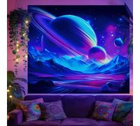TNKBREEZE Saturn Planet Rings Blacklight Tapestry Cosmic Galaxy UV Reactive Black Light Tapestries Landscape Themed Wall Art Hanging Decor for Bedroom Living Room Dorm Party Decor 51x59inch