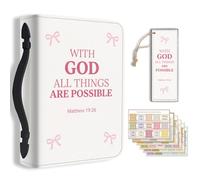 TNKBREEZE Women's Bible Cover Cute Bow PU Leather Book Carrying Bag All Things Are Possible Inspirational Bible Verse Book Case with Bookmark Handle Zippered Christian Gift Church Study 11.2×8×2.3inch