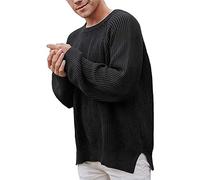 TnmZi Mens Long Sleeve Jumper Solid Color Split Hem Mens Knitwear Round Neck Casual Mens Pullover Loose Daily Wear Mens Knit Jumper E-Black L