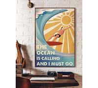 TNND The Ocean Is Calling I Must Go Surfing Poster Love Surfing Poster Vintage Surfing Poster Surfing Lover Gift Home Decor Father's Day Birthday Gift Metal Signs 12X16 inch