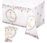 Tnoeuz 3Pcs First Communion Table Cloths Holy Communion Decorations Plastic Pink Floral First Holy Communion Table Cover for Girls Primera Comunion Decoracion 108 x 54inch