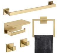 TNOMS 5-Piece Bathroom Hardware Set 23.6 Inch Gold Towel Bar Set Towel Bar Towel Ring Coat Hook and Toilet Paper Holder with Shelf Wall Mounted Stainless Steel Bathroom Accessories Set