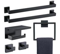 TNOMS 6-Piece Black Bathroom Hardware Set 23.6 Inch Towel Bar Set Double Towel Bar Towel Ring Coat Hook and Toilet Paper Holder with Shelf Wall Mounted Stainless Steel Bathroom Accessories Set