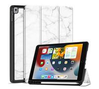 TNP Case for iPad 9th Gen 2021/iPad 8th 2020/iPad 7th 2019 Generation Protective Cover with Pencil Holder - 10.2 inch Slim Soft TPU Trifold Stand PU Leather Folio Auto Sleep Wake - Marble White