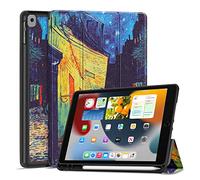 TNP Case for iPad 9th Gen 2021/iPad 8th 2020/iPad 7th 2019 Generation Protective Cover with Pencil Holder - 10.2 inch Slim Soft TPU Trifold Stand PU Leather Folio Auto Sleep Wake - Cafe At Night