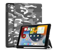 TNP Case for iPad 9th Gen 2021/iPad 8th 2020/iPad 7th 2019 Generation Protective Cover with Pencil Holder - 10.2 inch Slim Soft TPU Trifold Stand PU Leather Folio Auto Sleep Wake - Camouflage Gray