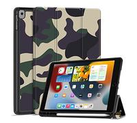 TNP Case for iPad 9th Gen 2021/iPad 8th 2020/iPad 7th 2019 Generation Protective Cover with Pencil Holder - 10.2 inch Slim Soft TPU Trifold Stand PU Leather Folio Auto Sleep Wake - Camouflage Brown