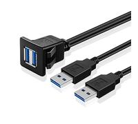 TNP Dual USB 3.0 Flush Mount Cable w/Buckle (Square)- Dashboard Panel Dash Mount 2 Ports Dual USB Socket Plug Jack Connector Extension Wire Cord Water Resistant Male to Female (1M / 3FT)