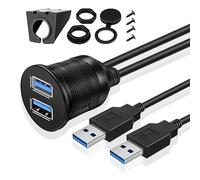 TNP USB 3.0 Flush Mount Cable, Dashboard Panel Dash Mount 2 Ports Dual USB Socket Plug Jack Connector Extension Wire Cord Water Resistant Male to Female f/Car Truck Trailer Boat Motorcycle (1M / 3FT)