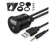 TNP USB AUX Flush Mount Cable, Dashboard Panel Dash Mount USB + 3.5mm AUX 1/8" Audio Jack Port Socket Plug Water Resistant Connector Extension Wire Cord for Car Truck Trailer Motorcycle (1.8M / 6FT)