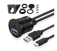 TNP USB C + USB 3.0 Flush Mount Cable, Dual USB Extension Cable 3ft 1M for Car Dashboard with Dash Panel Mount 2 USB Type A + C Male to Female Socket Connector Adapter Cord for Boat Motorcycle Vehicle