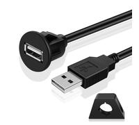 TNP USB Flush Mount Cable w/Buckle- Dashboard Panel Dash Mount 1 Port USB Socket Plug Jack Connector Extension Wire Cord Water Resistant Male to Female (1.8M / 6FT)
