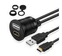 TNP USB HDMI Flush Mount Cable - Dashboard Panel Dash Mount USB + HDMI Port Socket Jack Plug Water Resistant Connector Extension Wire Cord for Car Truck Trailer Boat Motorcycle & More (1M / 3FT)