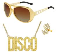 TNSOYCA 3 Pcs Hip Hop Costume, Rapper Hippie Accessories, 70s 80s 90s Disco Gold Necklace,Sunglasses,Dollar Sign Rings for Cosplay Costume Halloween Carnival Theme Party(Golden)