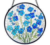 TNUW Blue Forget Me Not Flower Stained Glass Window Hanging, Blue Floral Sun Catchers Indoor Window Glass Round Wall Art Decor, Floral Botanical Wall Hanging Decorations, 7.9＂x7.9＂
