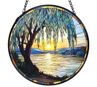 TNUW Willow Tree Stained Glass Window Hanging, Nature Sunset Weeping Willow Tree Sun Catchers Indoor Window Glass Round Wall Art Decor, Nature Landscape Wall Hanging Decorations, 7.9＂x7.9＂