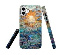 TnXee Case Compatible with iPhone 16 Plus,Fall Prevention Glossy Hybrid 2-Layer Hard Shell Cases for Girls Boys,Stained Glass Print Sun