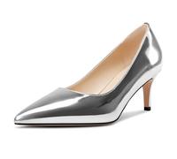 TNYNFBEB Womens Low Kitten Heel Pointed Toe Pumps Slip-on Prom Wedding Daily Dress Patent Leather 2.6 Inches Heels, Silver, 10 UK